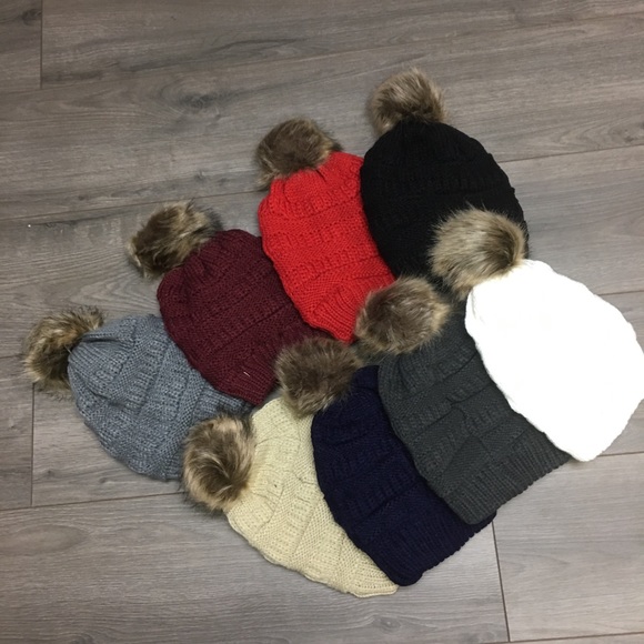 NEW!  Knit Pom Pom Beanie Fur Lined In Navy - Picture 4 of 5